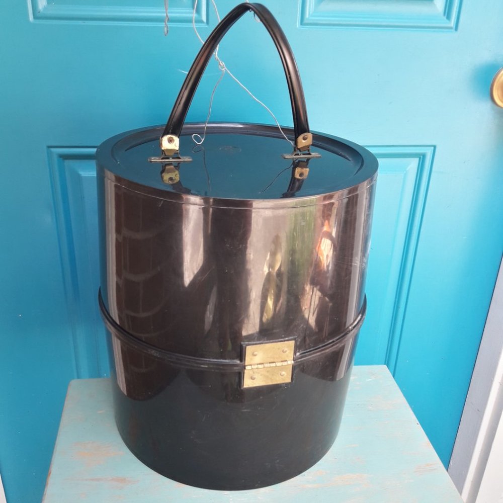 Vintage Hat Box Mid Century Modern Wig Bag Tall Suit Case Mod 60s Art Deco w Lid